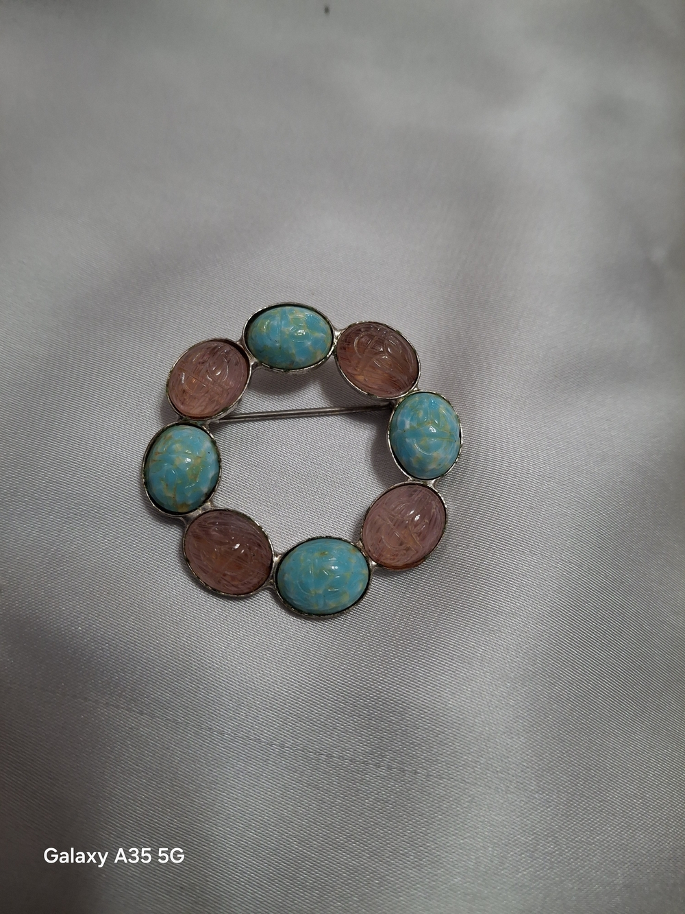 Turquoise and Rose Quartz Scarab Cabachon Brooch Women's Jewelry Vintage Silver